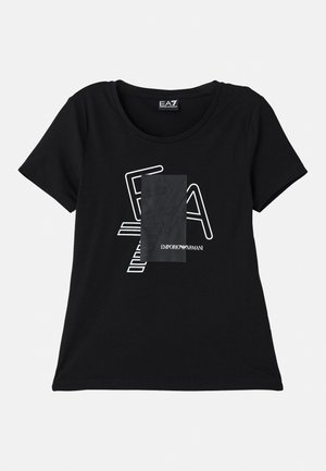 T-shirt in cotone nero con scollatura rotonda, presenta un design grafico bianco e posizionamento del logo sulla parte frontale. Maniche corte, vestibilità comoda.