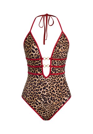 Leopardenmuster-Badeanzug mit tiefem V-Ausschnitt, roter Einfassung und goldfarbener Ringverzierung, verstellbaren Neckholderbändern und figurbetontem Schnitt.