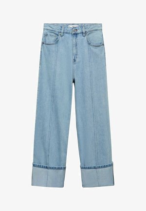 Jasnoniebieskie dżinsy o luźnym kroju, szerokiej nogawce, podwiniętych mankietach i przednich kieszeniach. Posiadają szwy i zapięcie na guzik.