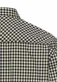 Zwart-wit geruite blouse met een klassieke kraag, een gladde stofstructuur en een smal ruitontwerp op een lichte achtergrond.