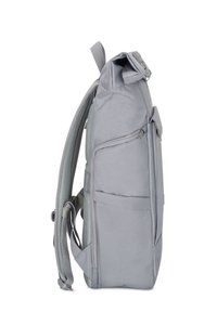 Gray fabric backpack with a roll-top closure, zipper pockets, and mesh padding on straps for comfort. Features side pockets for accessories.