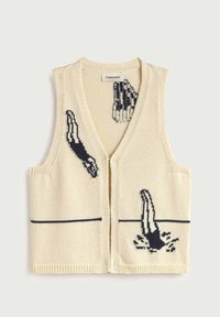 Cremefarbenes Strickweste mit schwarzem Motiv eines Tauchers, der ins Wasser springt, mit drei Tauch-Illustrationen in verschiedenen Positionen.