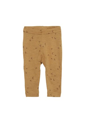 Senapsgula leggings med en mjuk textur, som har ett subtilt brunt mönster av små rosetter över hela ytan. Elastisk midja, avslappnad passform.