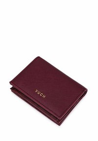 Burgundy faux leather wallet with a textured finish, gold "VUCH" logo on the front, and a tri-fold design. Compact and practical.