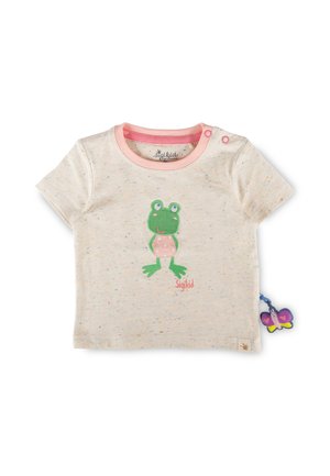 Maglietta corta beige da neonato con colletto rosa, applicazione di rana verde sul davanti e una piccola etichetta laterale viola a forma di farfalla.