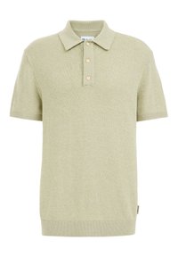 Pikétröja med korta ärmar i ljusgrönt stickat tyg, med krage, tre beige knappar samt ribbad fåll och ärmslut.