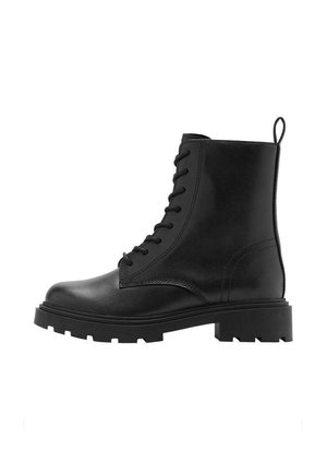 Schwarze Leder-Stiefeletten mit runder Spitze, Schnürverschluss vorne und robuster Sohle. Verfügt über eine Lasche an der Rückseite für ein einfaches Anziehen.