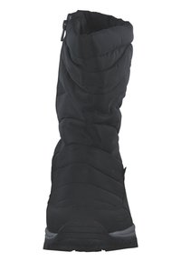 Knöchelhoher schwarzer isolierter Stiefel aus gestepptem Material, mit seitlichem Reißverschluss und strukturiertem Gummisohle. Entwickelt für kalte Wetterbedingungen.