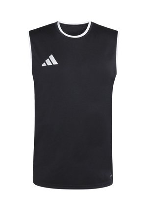 Maglietta sportiva nera senza maniche con bordo bianco sul colletto e logo bianco nella parte superiore sinistra del petto.