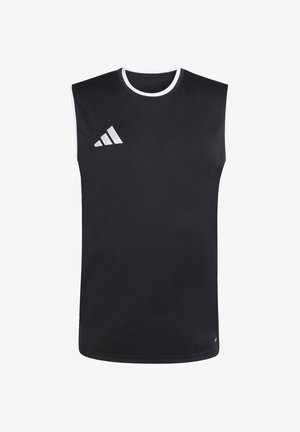 Zwarte mouwloze sportshirt met witte bies op de kraag en wit logo op de bovenste linkerborst.