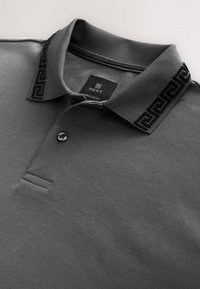 Tamnosiva polo majica s dva gumba, s uzorkom crnim obrubom na ovratniku i oznakom "NEXT Regular Fit" iznutra.