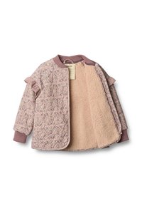Pikowana kurtka bomberka w miękkim różowym kwiatowym wzorze, z falbanami na rękawach i przytulną beżową podszewką z polaru. Żebrowane mankiety i kołnierz.