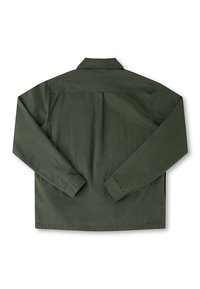 Dark green jacket with long sleeves, plain design, and a standard collar. Back features a yoke and pleat detail. Made from a smooth fabric.