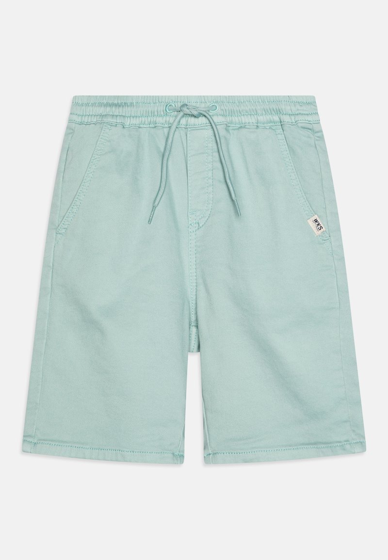 Pantaloni corti di cotone azzurro chiaro con vita elastica e cordoncino. Presenta due tasche laterali e un piccolo etichetta sul davanti.