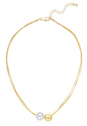 Gouden kettinkje met twee kralen, één witte parel en één gouden, verbonden in het midden met een verstelbare sluiting.
