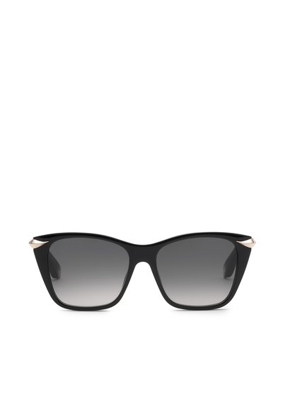 Lunettes de soleil rectangulaires noires avec verres foncés dégradés et petits accents métalliques sur les coins extérieurs supérieurs des montures.