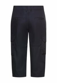 Donker marineblauwe cropped cargobroek met achterste paspelzakken, zijflapzakken, ceintuurlussen en een rechte pasvorm.