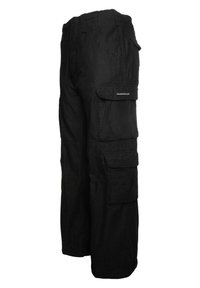 Black cargo pants made of sturdy fabric, featuring multiple side pockets, a relaxed fit, and an elastic waistband for comfort.