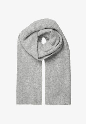 Szary, dziany szalik o prążkowanej fakturze, zwinięty w pętlę. Miękki materiał, z jednolitym wzorem, bez wzorów czy ozdób.