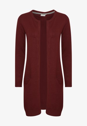 Bordo megztinis su ilgomis rankovėmis, atviru priekiniu užsegimu, dviem priekinėmis kišenėmis, kritimo rankovėmis ir apačia. Minkštas audinys, lengvas dizainas.