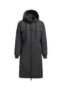 Long black puffer jacket with a hood, featuring two front pockets, elastic cuffs, and a full-length zipper. Made from lightweight, textured material.