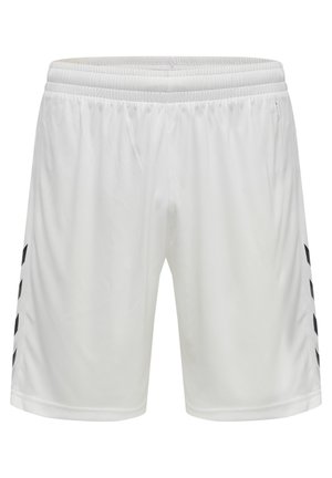 Shorts de sport blancs avec une taille élastique, dotés de détails latéraux noirs et d'une texture lisse et légère.
