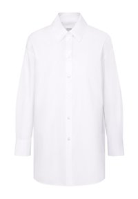 Camicia bianca a maniche lunghe con colletto classico, realizzata in tessuto leggero, con orlo dritto e vestibilità rilassata.