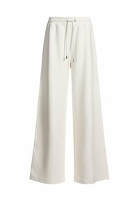 White wide-leg pants made of soft fabric, featuring an elastic waistband with drawstring, smooth texture, and simple design.
