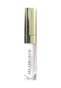 Clear adhesive in a transparent tube with a gold cap. Label reads “AYLASH GLUE” and “INVISIBLE LASHGLUE” in black text, no patterns or accents.