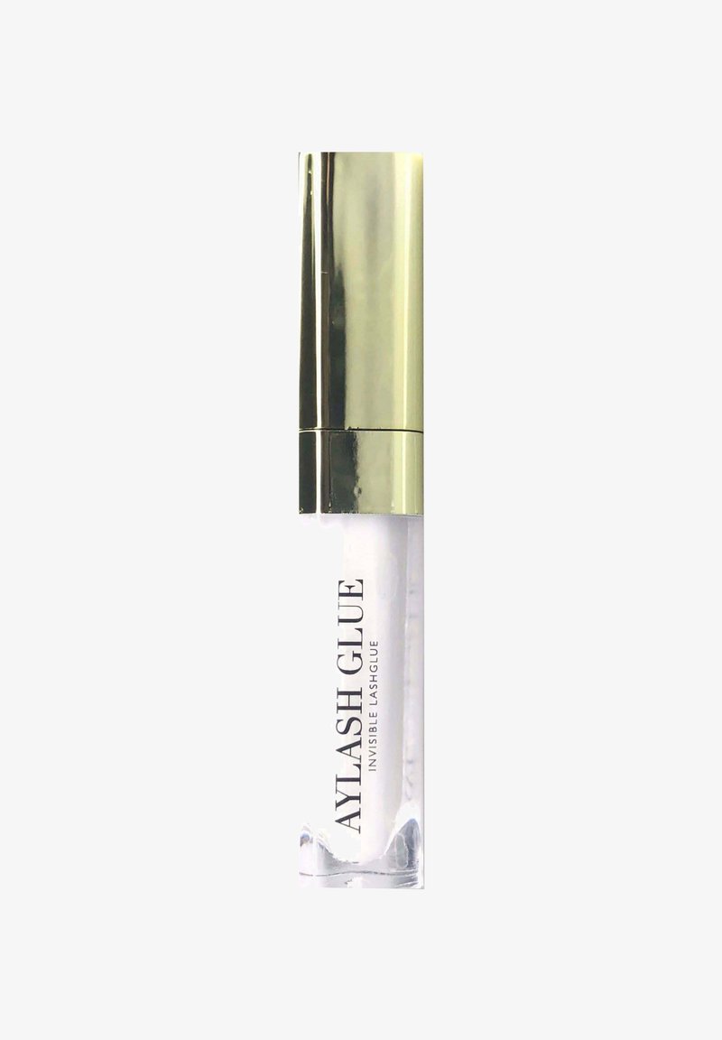 Clear adhesive in a transparent tube with a gold cap. Label reads “AYLASH GLUE” and “INVISIBLE LASHGLUE” in black text, no patterns or accents.
