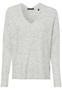 Pull en maille gris clair avec un décolleté en V, des manches longues et une texture côtelée. Fabriqué en matériau doux, il offre une coupe décontractée.