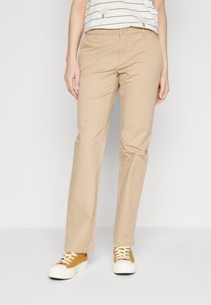 Pantalons beiges, à jambes droites, en tissu mélange de coton, au design classique avec poches avant et fermeture par un bouton unique.
