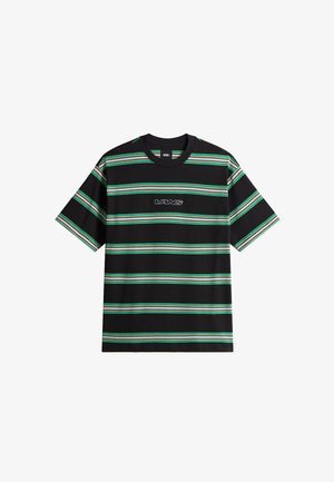 Black short-sleeve t-shirt with multicolored horizontal stripes in green, blue, and red, featuring a central white Vans logo.
