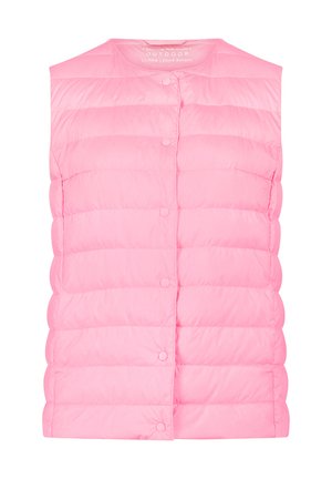 Roze mouwloos gewatteerd donzen vest met drukknopen en horizontale stiksels, geschikt voor buiten.