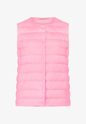 Pink sleeveless quilted down vest with snap button closure and horizontal stitching for outdoor wear.