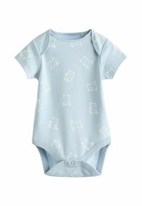 Világoskék, rövid ujjú bébi body, fehér kontúrral körbeölelt mackókkal díszítve, az alján patentos záródással.