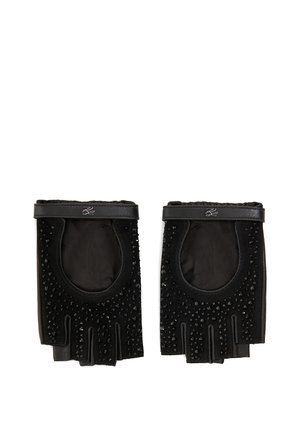 Black fingerless gloves featuring a textured surface with small studs, leather trim, and padded interior for comfort.