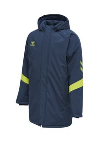 Navy blue hooded winter jacket with yellow stripes on sleeves and yellow hummel logo on the chest.