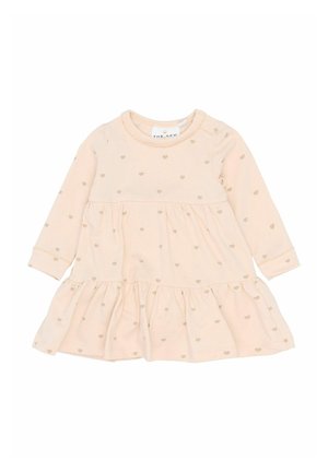 Hellrosa Langarmkleid aus weichem Stoff, mit einem gestuften Rock und goldenen Herzmustern. Druckknopfverschluss an der Schulter.