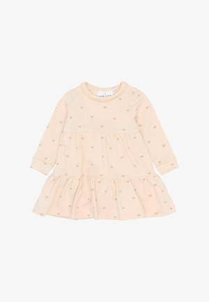 Light pink long-sleeve dress made of soft fabric, featuring a tiered skirt and gold heart patterns throughout. Snap closure at the shoulder.