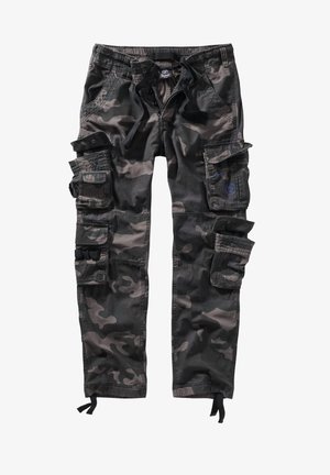 Tarnfarbene Cargo-Hose in Dunkelgrau mit mehreren großen Taschen, verstellbarem Zugbandbund und elastischen Bündchen, aus strapazierfähigem Baumwollmaterial.