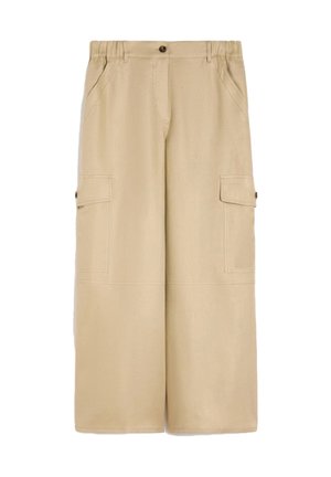 Pantaloni cargo beige a gamba larga con tasche laterali con pattina, tasche frontali inclinate, chiusura con bottoni e passanti per cintura.