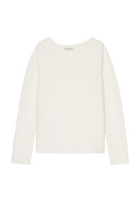 T-shirt blanc à manches longues avec col rond, au design simple et uni, sans motifs ni logos visibles.