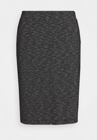 Schwarzer, hoch taillierter Rock mit einem strukturierten Webmuster. Knielange, figurbetonte Passform ohne sichtbare Hardware oder Akzente. Glatte Textur.