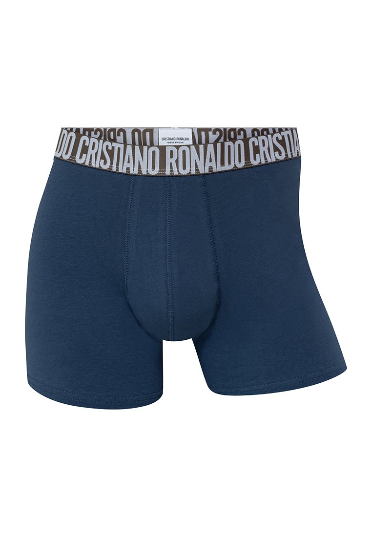 Boxers en bleu marine avec une texture unie, dotés d'une ceinture élastique à motifs portant l'inscription "Cristiano Ronaldo" en marron clair.