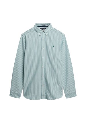 Green and white striped long-sleeve shirt with a button-down collar, featuring a small embroidered logo on the left chest.