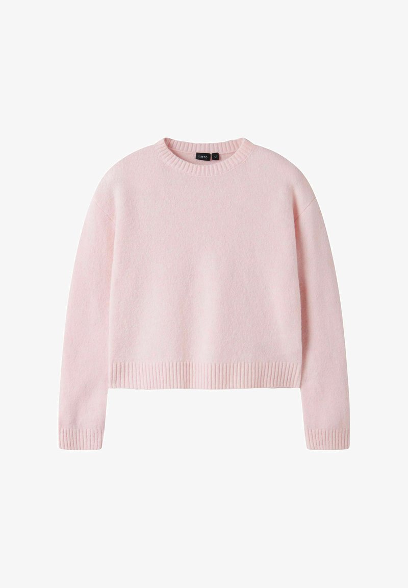 Pull rose clair à manches longues avec col rond, poignets, ourlet et encolure côtelés, présenté sur un fond blanc.