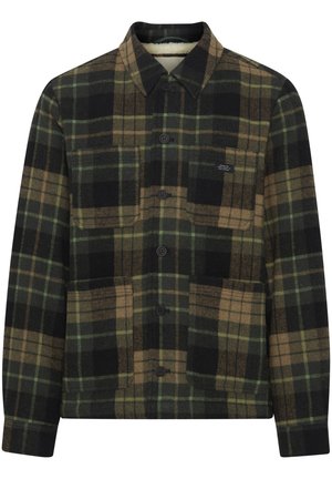 Men's plaid jacket in black, green, and brown, made of wool. Features a button front, collar, and two front pockets.