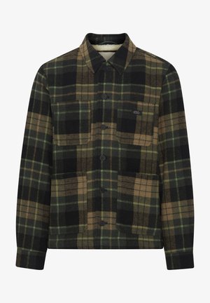 Męska kurtka w kratę w kolorze czarnym, zielonym i brązowym, wykonana z wełny. Ma zapięcie na guziki, kołnierz oraz dwie przednie kieszenie.