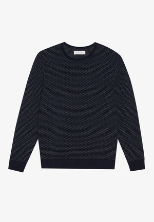 Dunkelblauer Strickpullover mit strukturiertem Muster, Rundhalsausschnitt und langen Ärmeln. Rippbündchen an den Ärmeln und am Saum. Etikett am Ausschnitt.